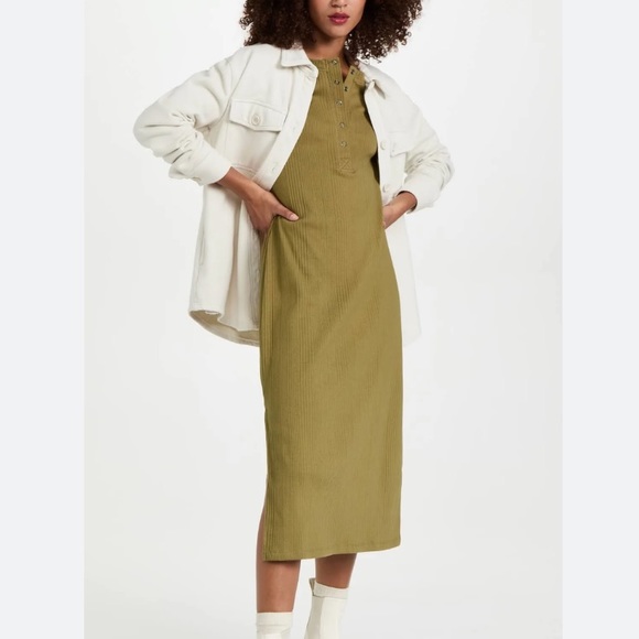 NWT Sweaty Betty Olive Green Ribbed Henley Long Sleeve Cotton Midi Dress Sz S - Picture 3 of 16
